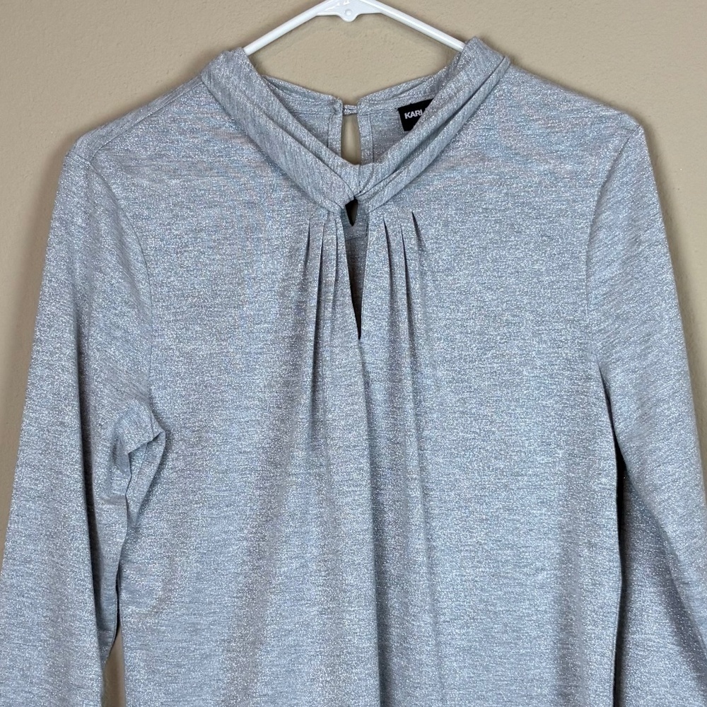 Karl Lagerfeld Paris Silver Shimmer Pleated Front/Keyhole Knit 3/4 Sleeve Blouse - Picture 2 of 10